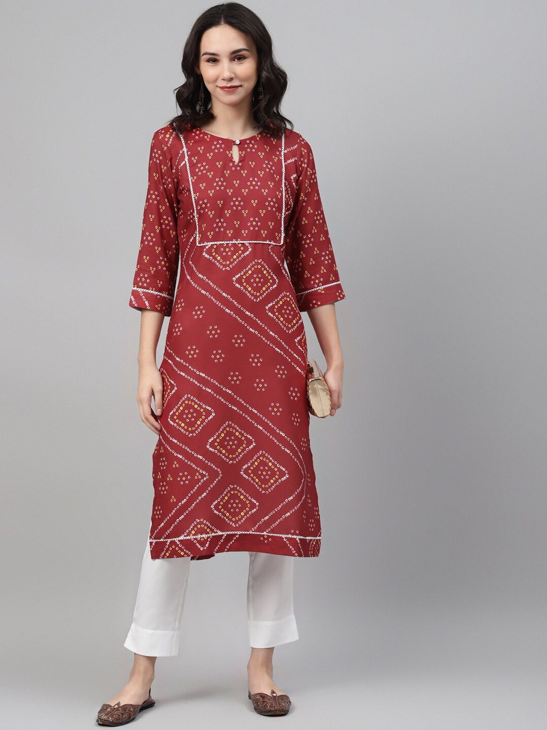 

ZIYAA Women Red Ethnic Motifs Printed Keyhole Neck Kurta
