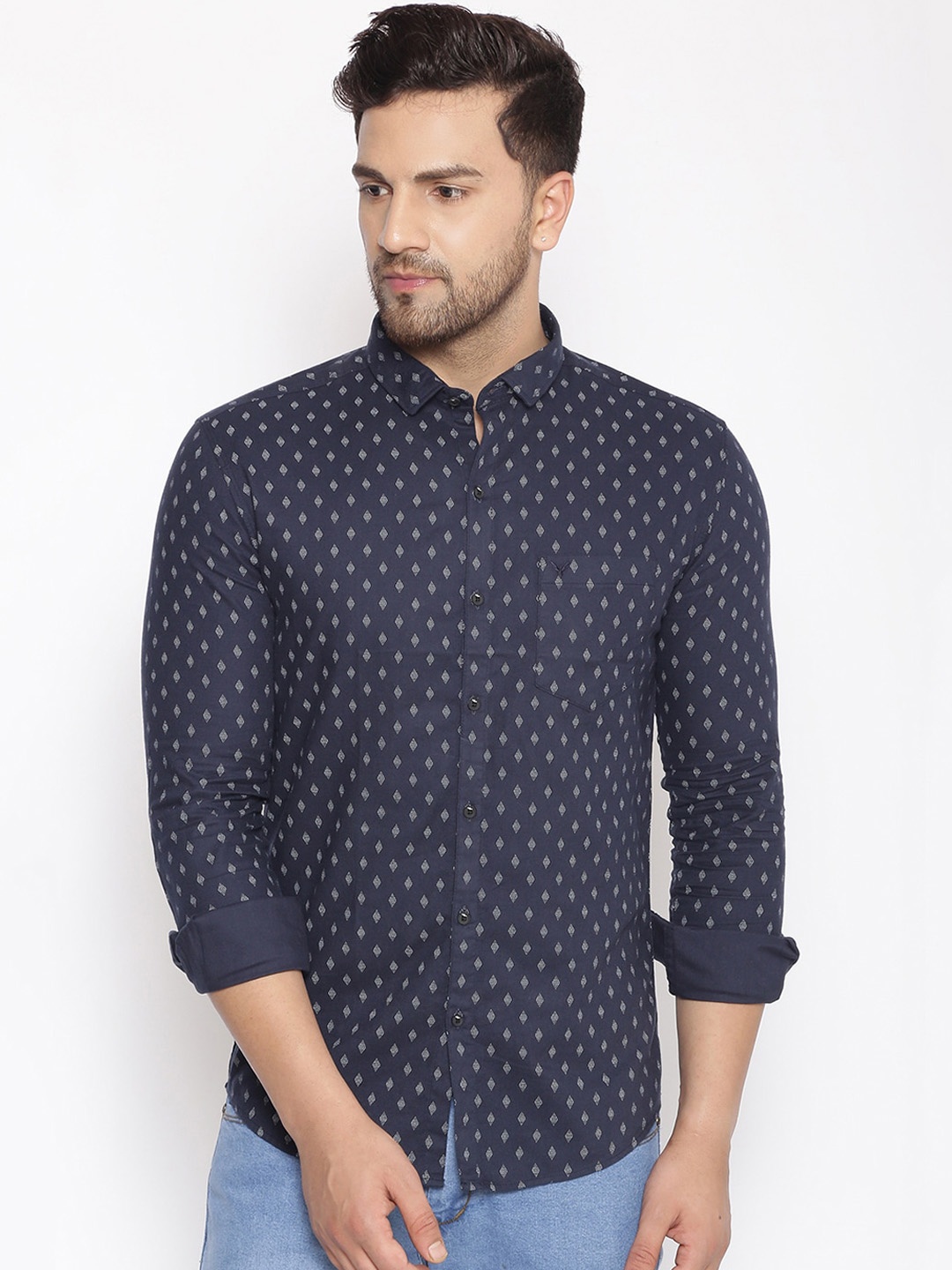 

SHOWOFF Men Navy Blue & Grey Cotton Classic Slim Fit Printed Casual Shirt