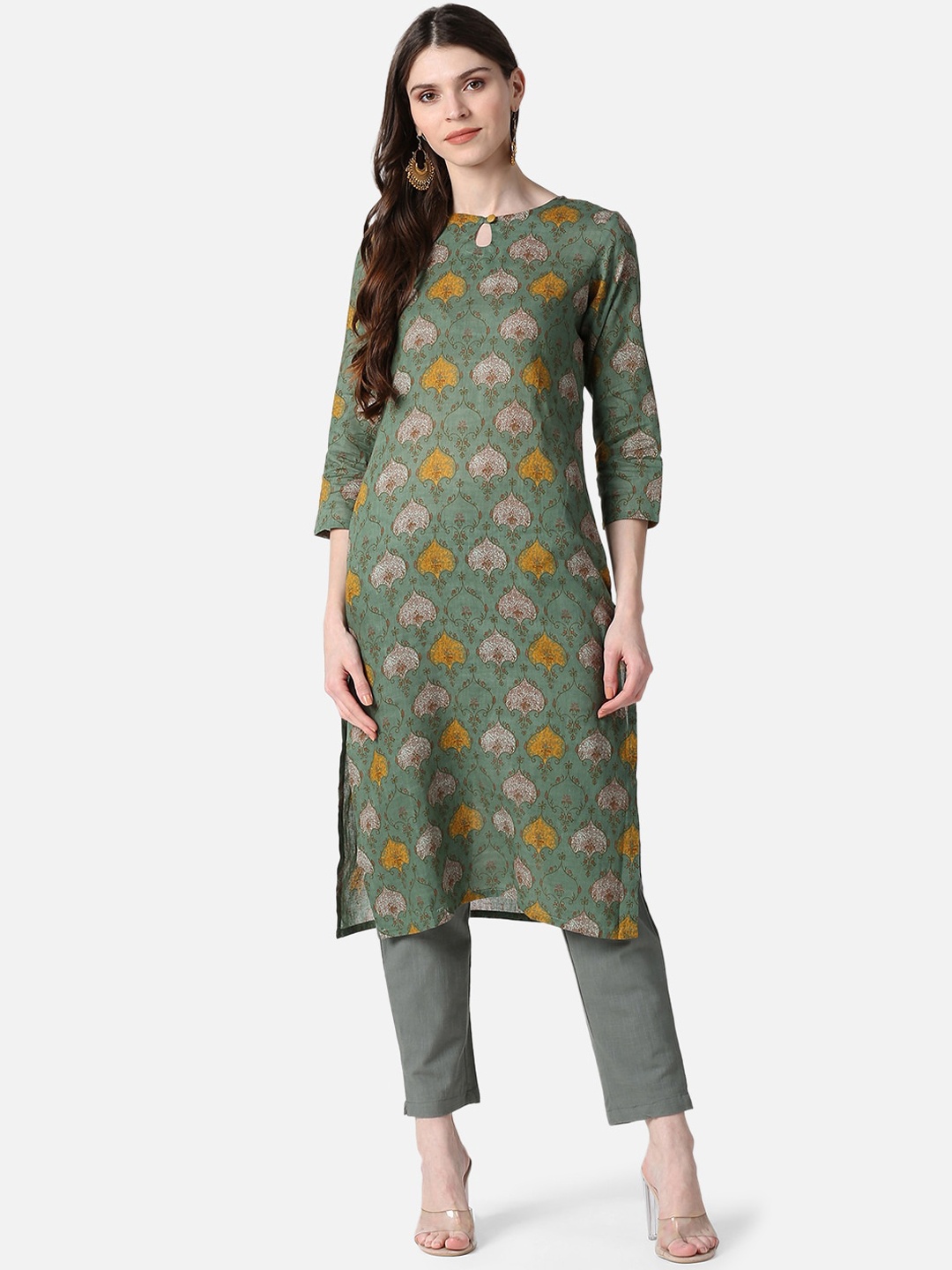 

AHIKA Women Green Ethnic Motifs Printed Keyhole Neck Kurta