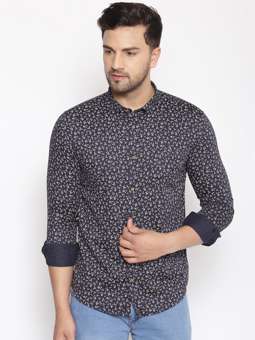 

SHOWOFF Men Navy Blue & Grey Cotton Classic Slim Fit Printed Casual Shirt