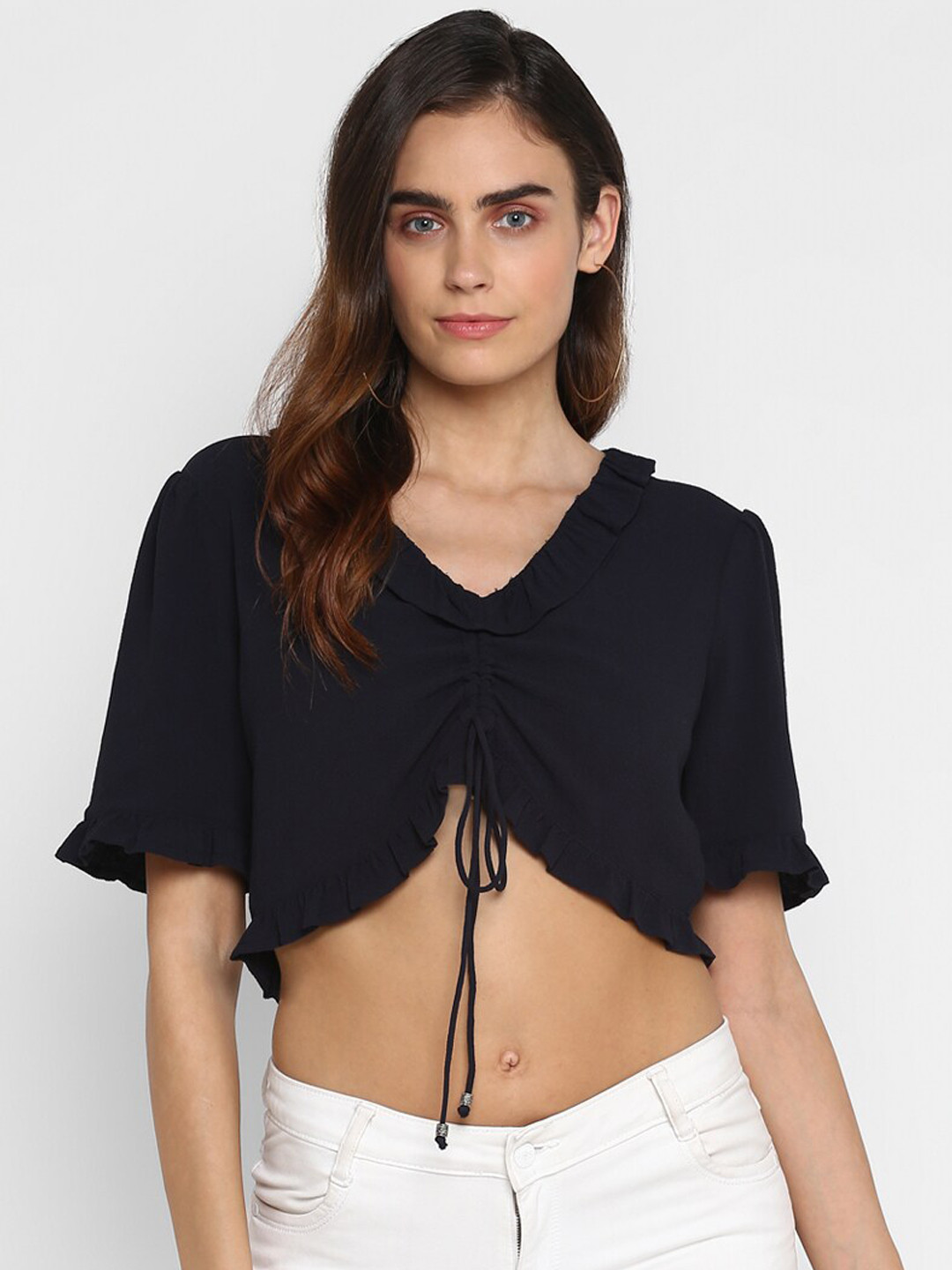 

HOUSE OF KKARMA Navy Blue One Shoulder Crepe Regular Top