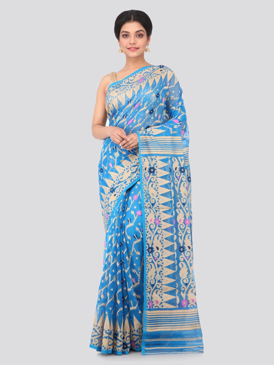 PinkLoom Turquoise Blue Pure Cotton Woven Design Jamdani Saree