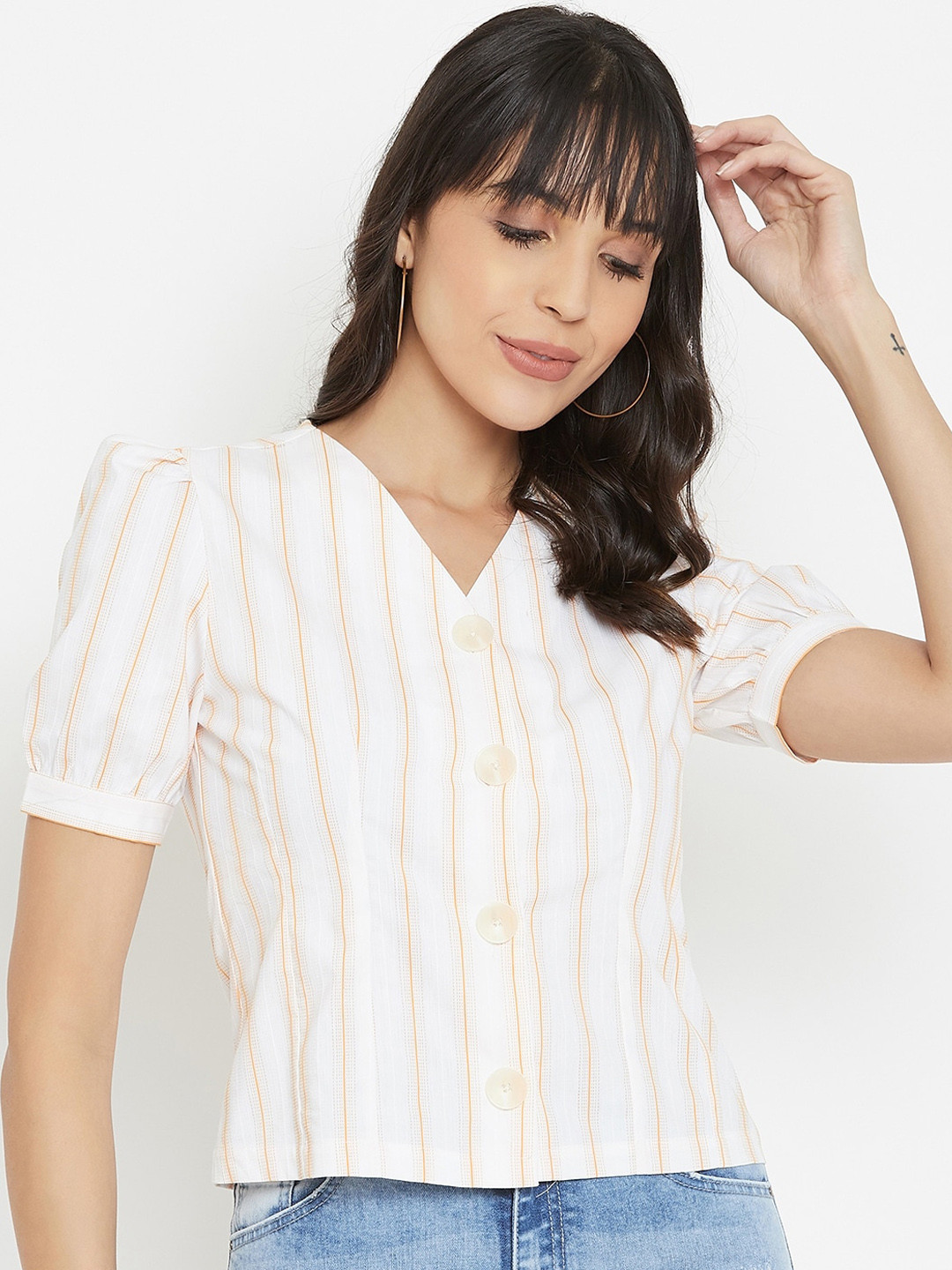 

Madame White Striped Shirt Style Top