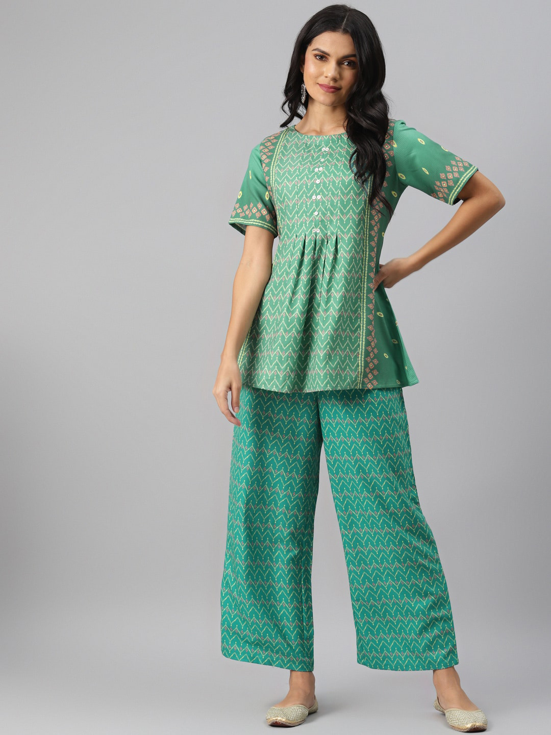 

ZIYAA Women Green Chevron Print Keyhole Neck Kurta