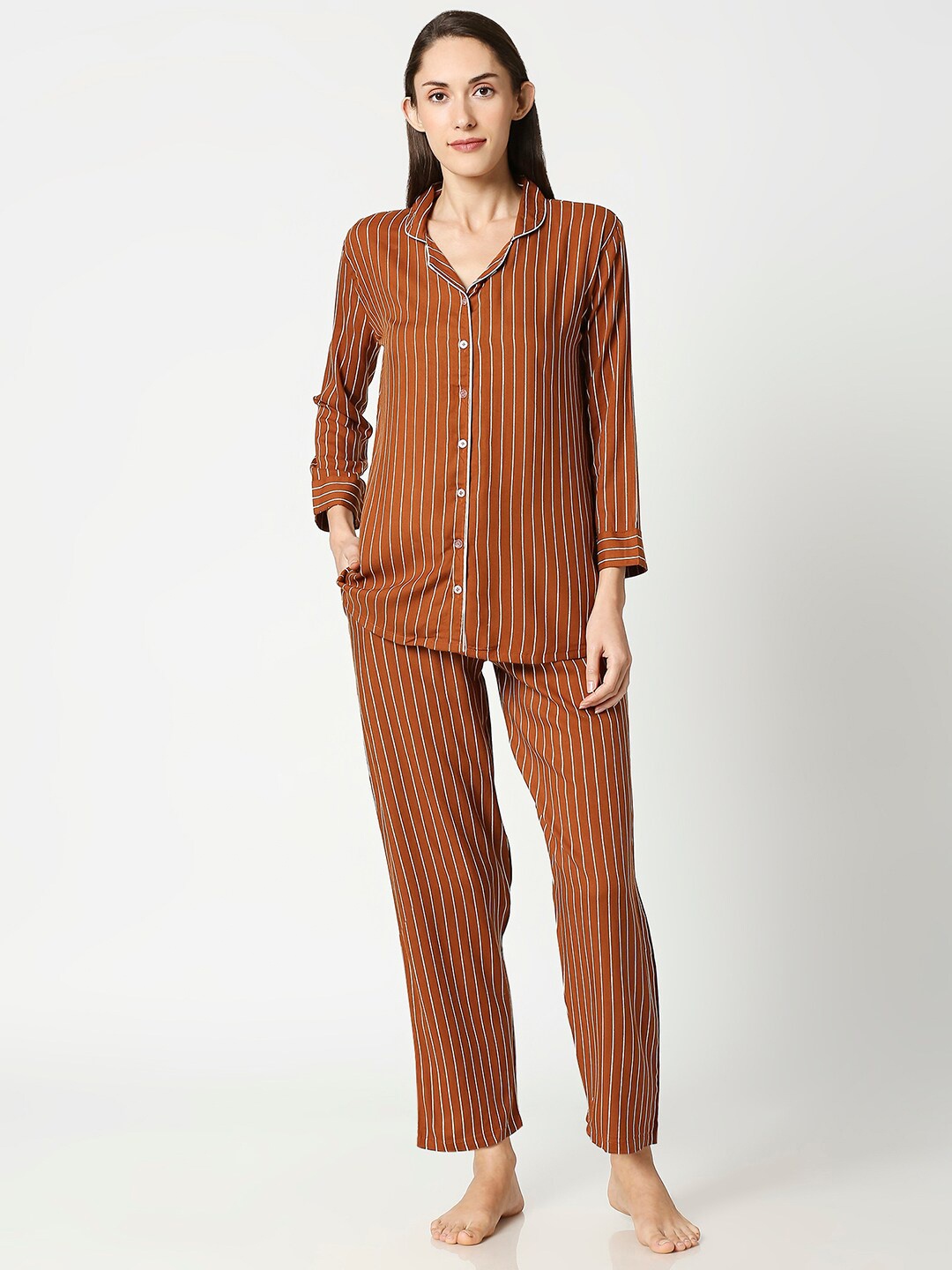 

AV2 Women Brown & White Striped Night suit