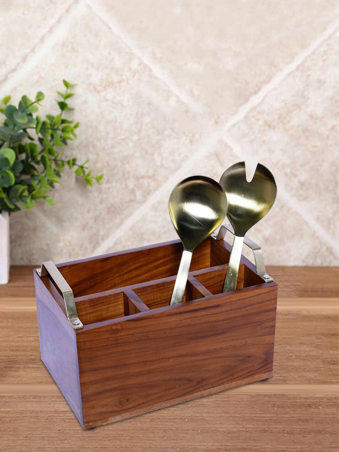 

nestroots Brown & Gold-Toned Stainless Steel Cutlery Set With Wooden Stand