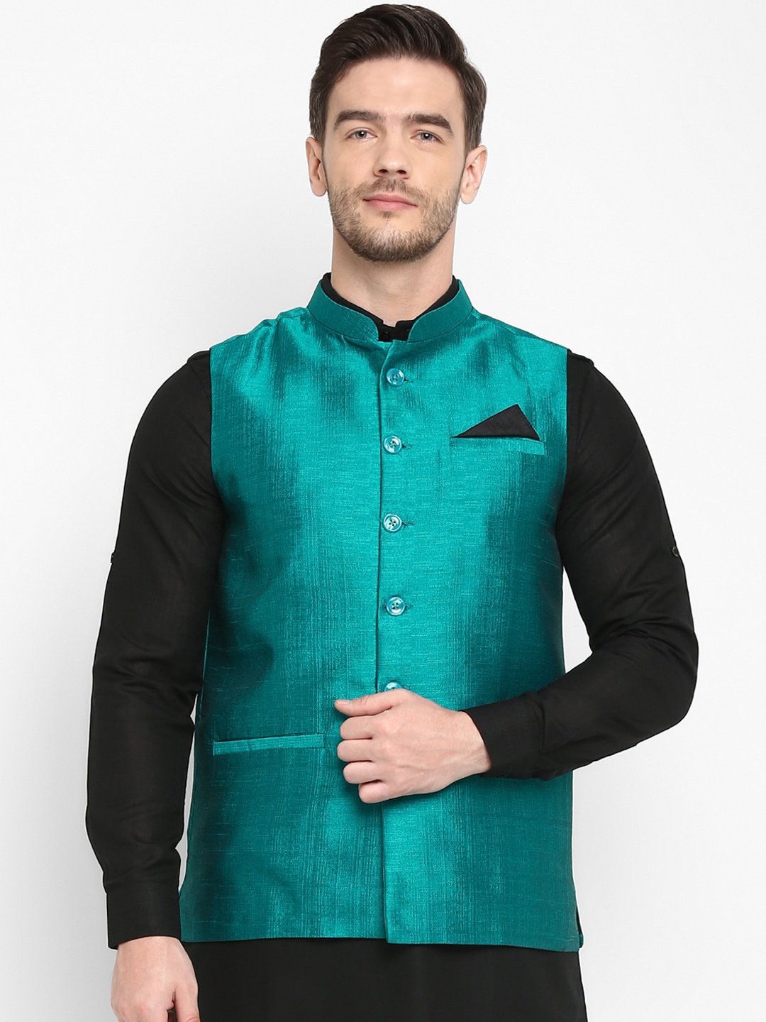 

Hangup Men Green Solid Nehru Jacket