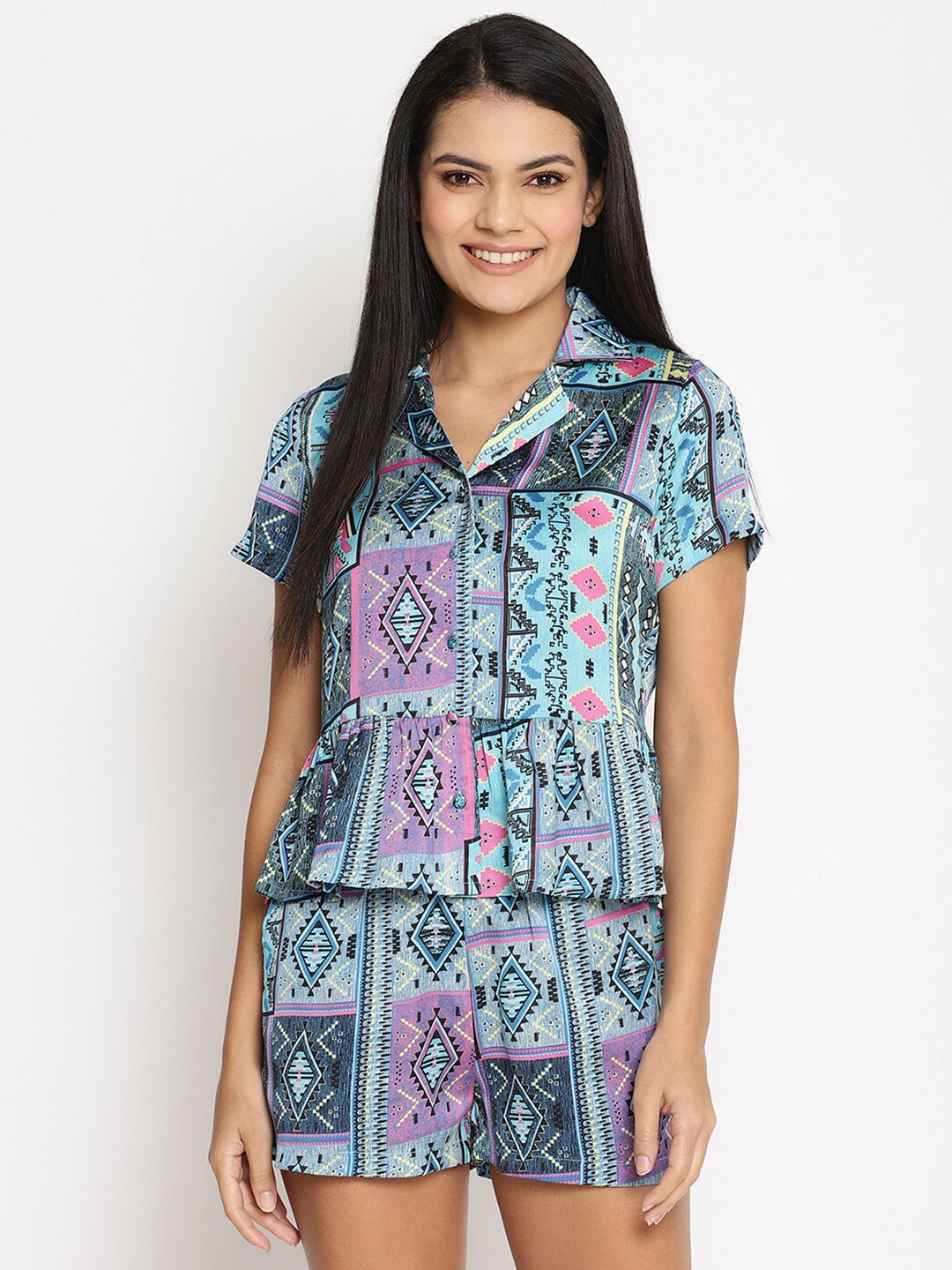 

HOUSE OF KKARMA Women Blue & Black Printed Night suit