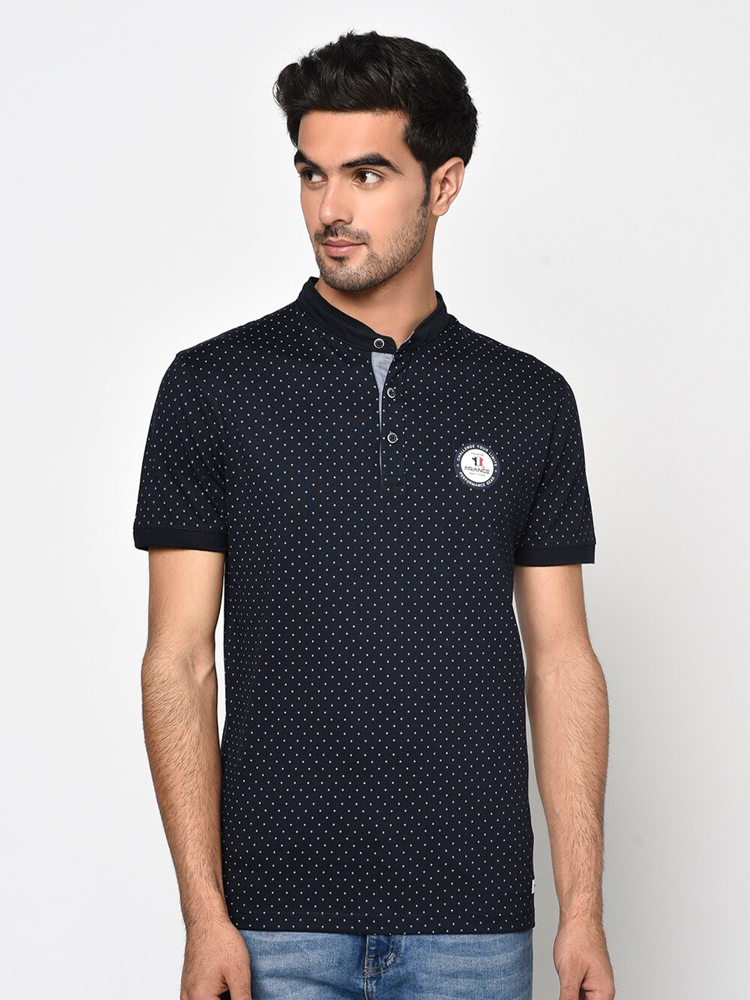 

Octave Men Navy Blue Printed Mandarin Collar T-shirt