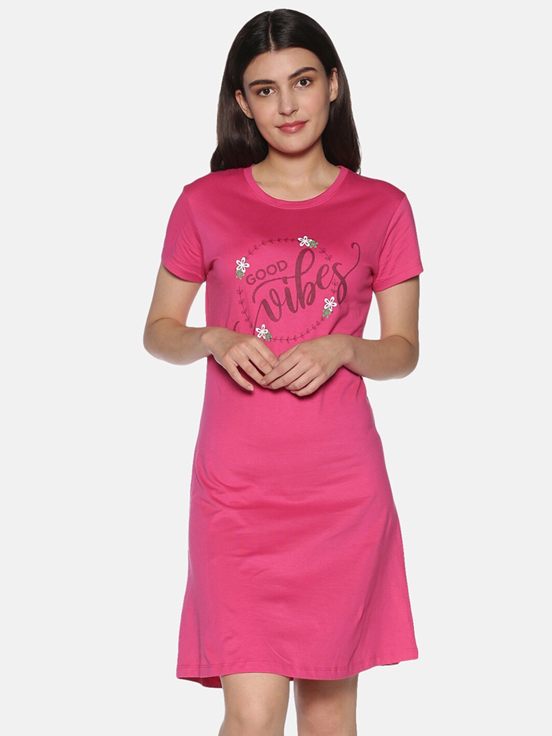 

TWIN BIRDS Pink & White Printed Nightdress