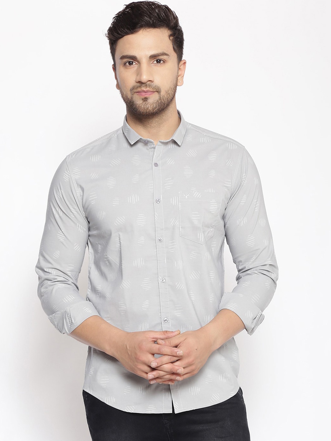 SHOWOFF Men Grey & White Cotton Classic Slim Fit Printed Casual Shirt
