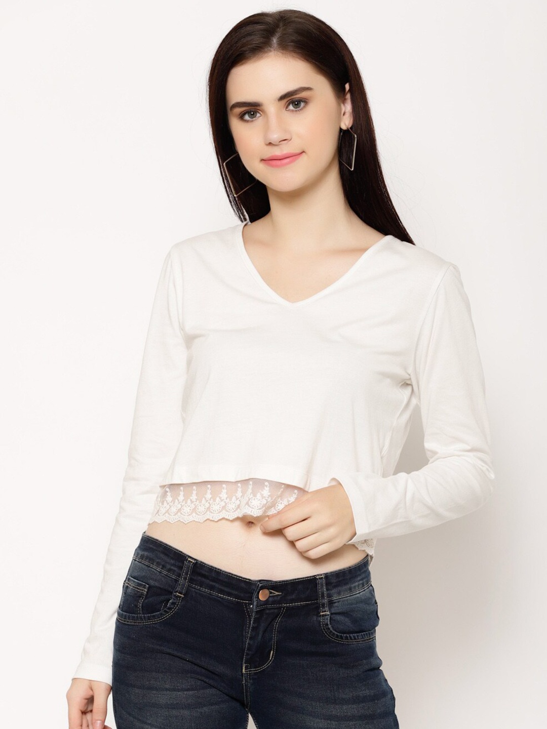 

HOUSE OF KKARMA Women Off-White Solid V-Neck T-shirt
