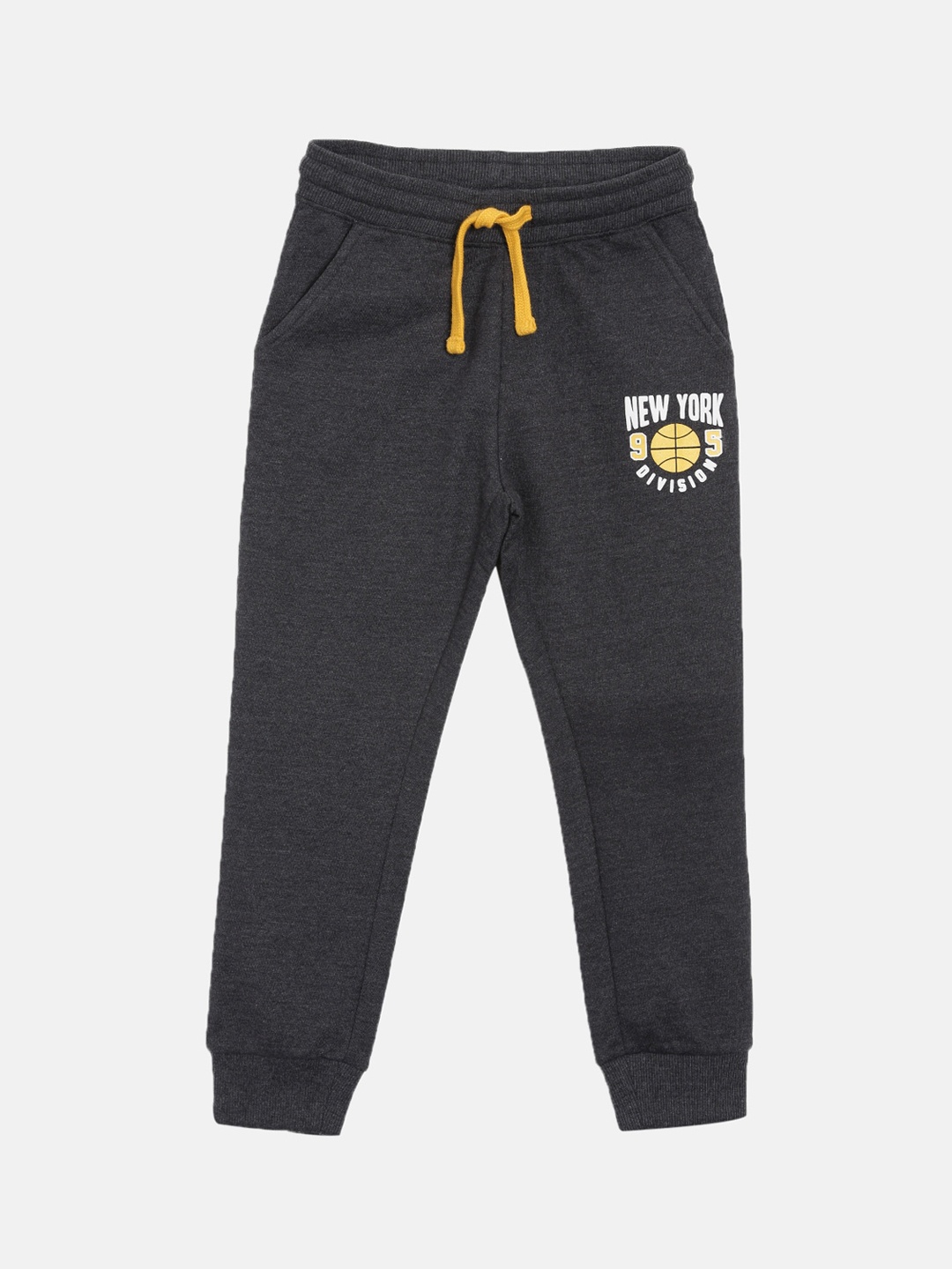 

3PIN Boys Charcoal Grey Solid Cotton Joggers with Printed Detail