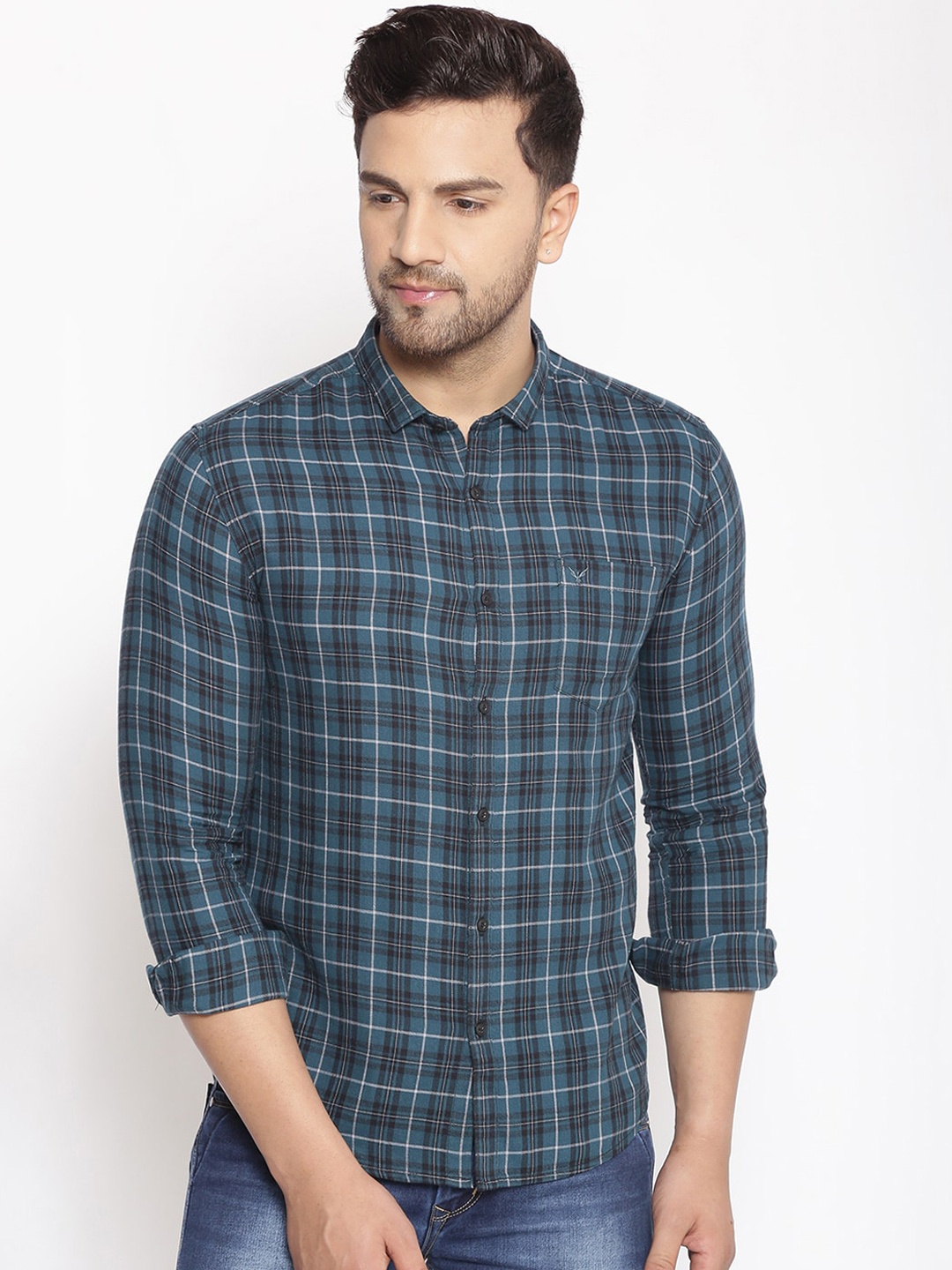

SHOWOFF Men Green & Black Cotton Classic Slim Fit Checked Casual Shirt