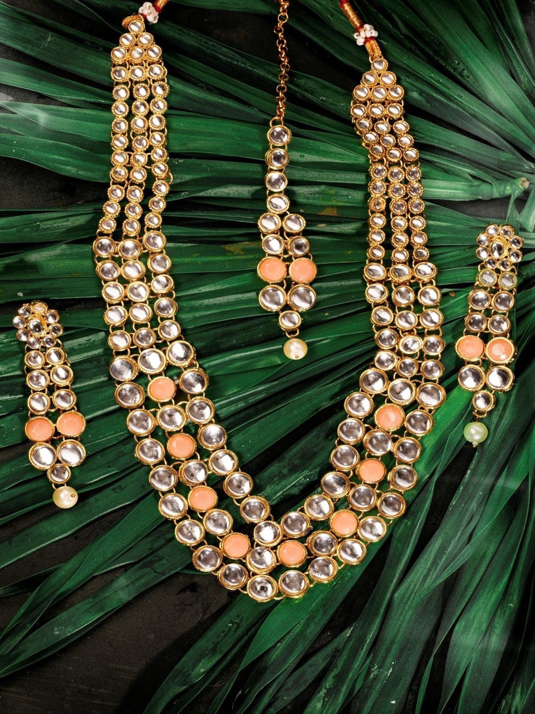 

ASMITTA JEWELLERY Peach-Coloured Gold-Plated Kundan Studded Jewellery Set