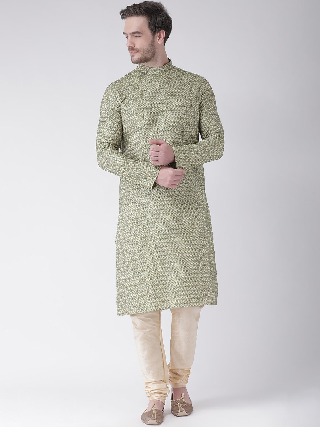 DEYANN Men Green & Gold-Toned Woven Design Kurta with Churidar