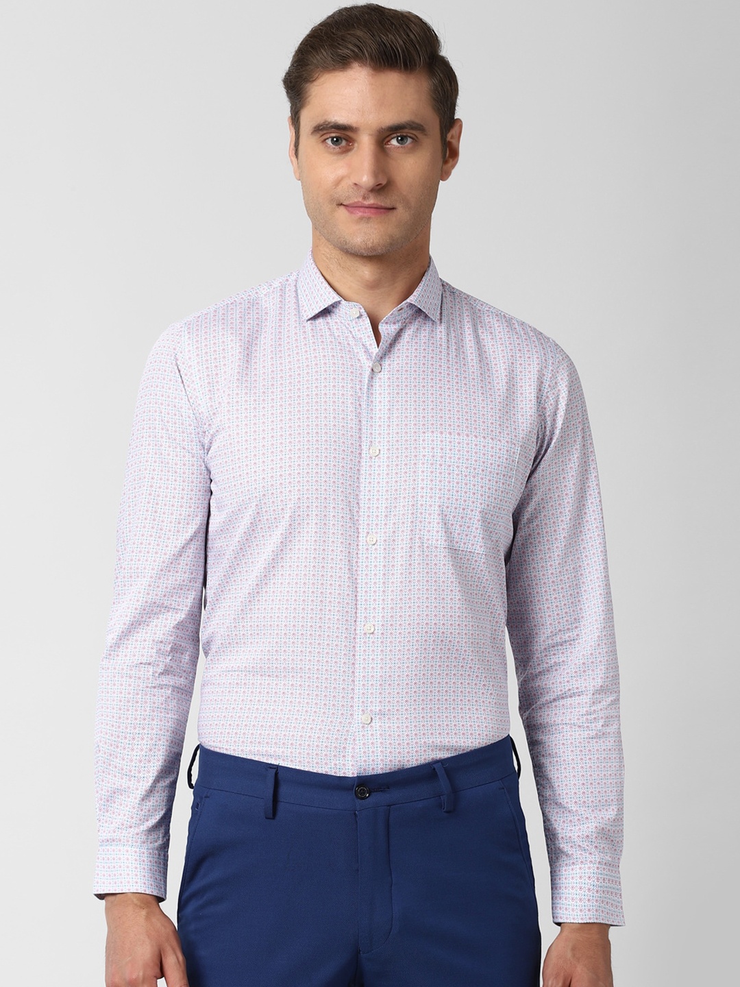 Peter England Men White & Blue Slim Fit Printed Formal Shirt