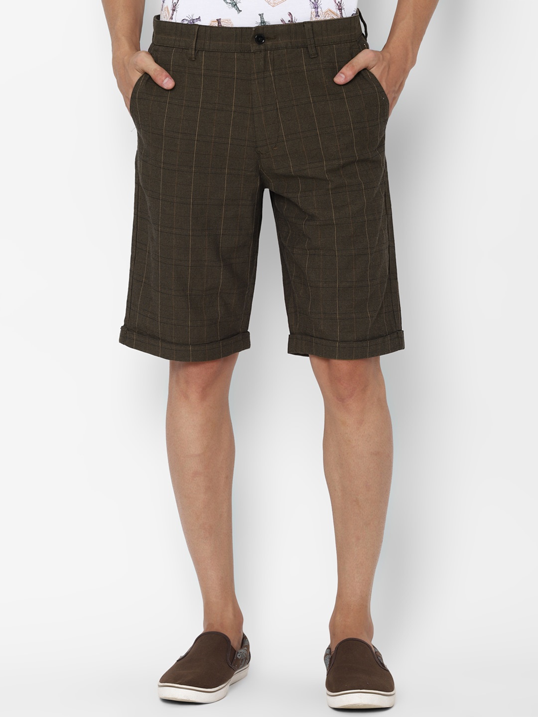 

SIMON CARTER LONDON Men Olive Green Checked Slim Fit Regular Shorts