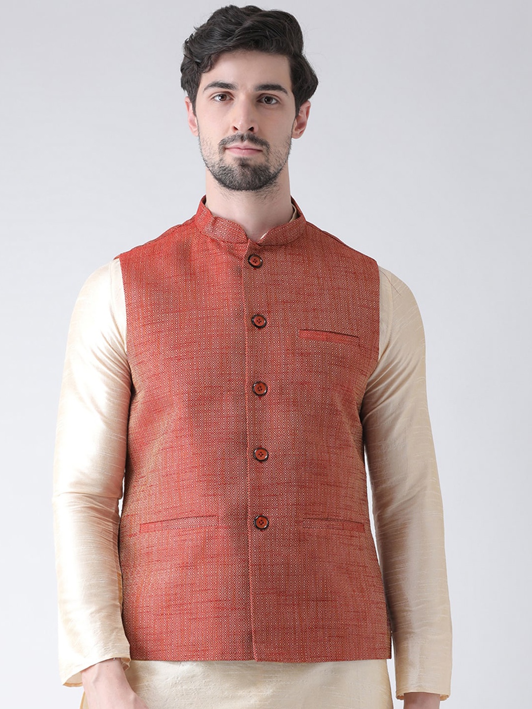 

DEYANN Men Red Woven Design Jacquard Silk Nehru Jacket