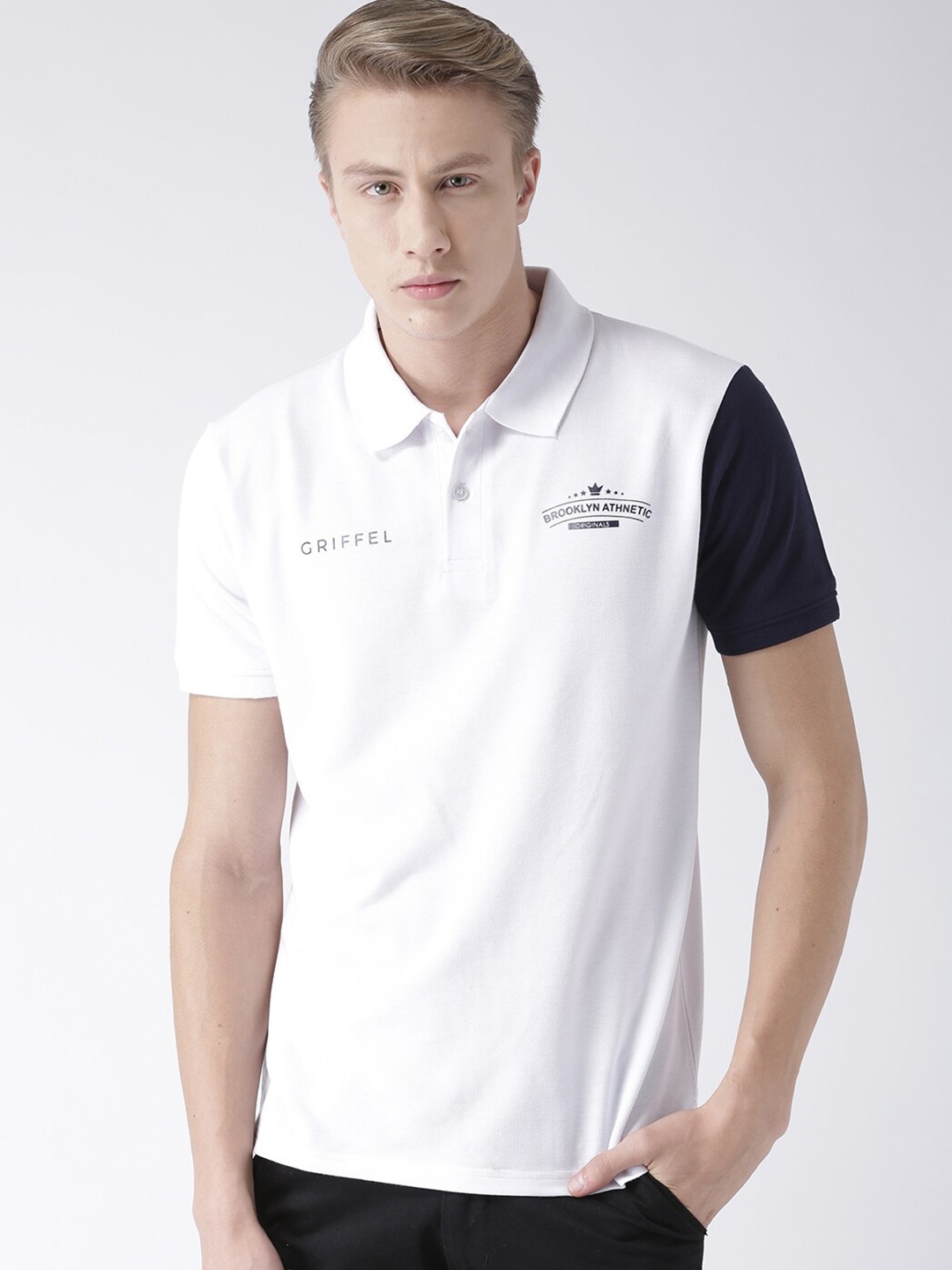 

GRIFFEL Men White Printed Polo Collar Cotton T-shirt
