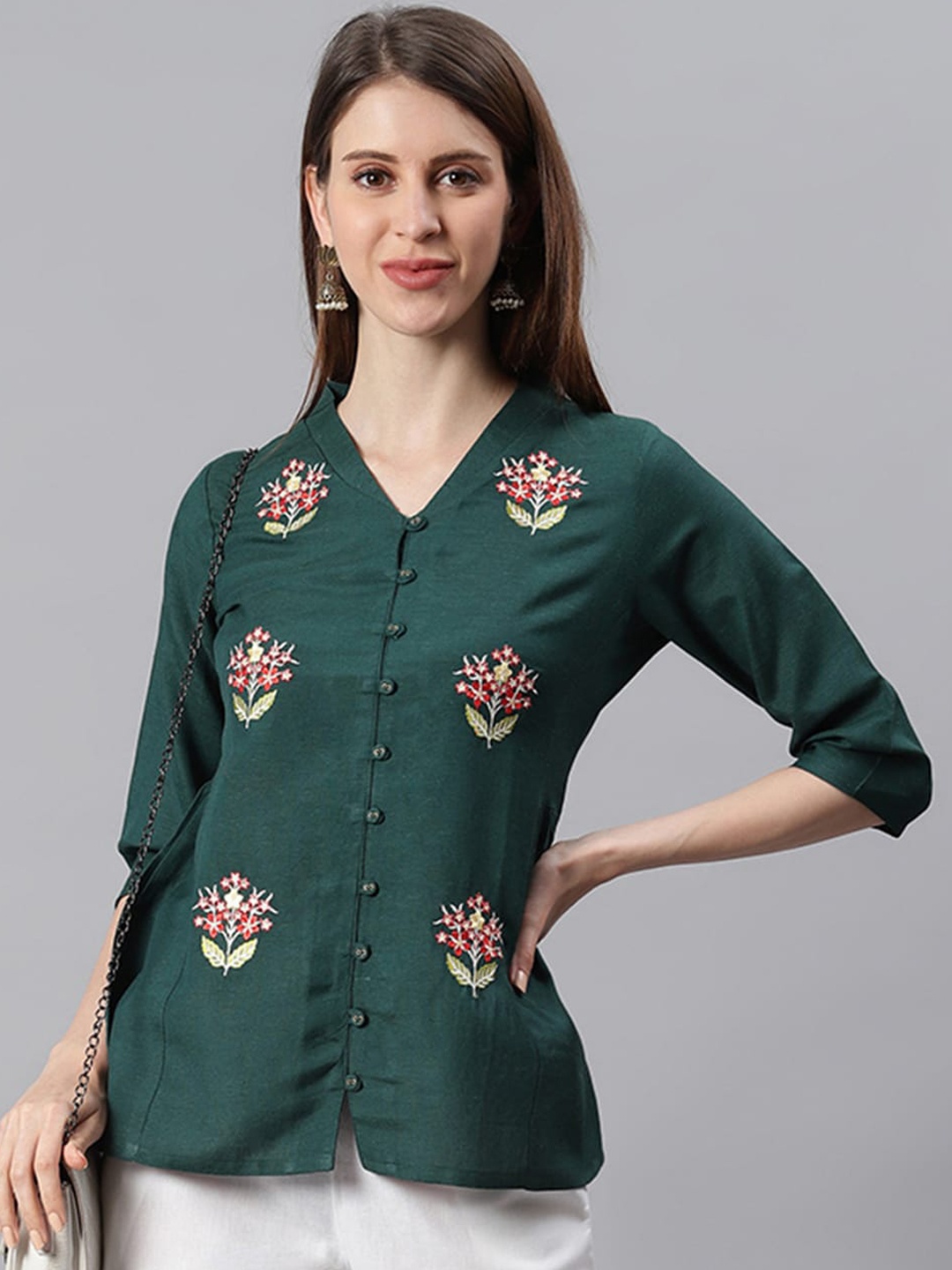 

Janasya Green & Red Embroidered Shirt Style Top