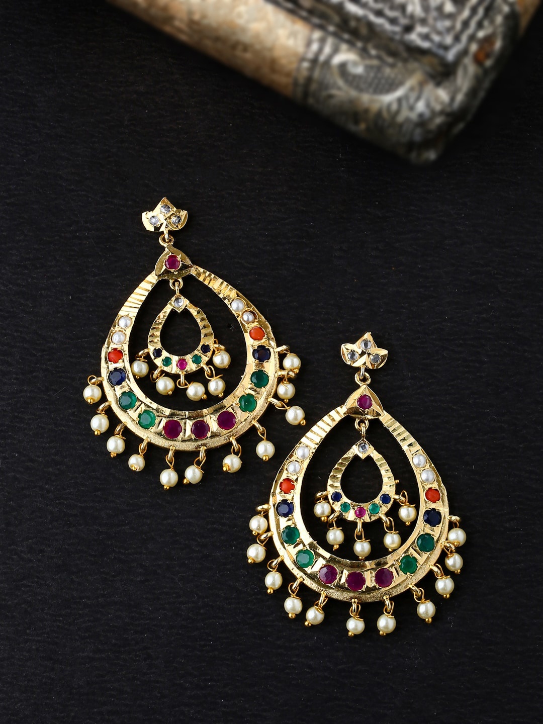 

THE AAB STUDIO Multicoloured Gold-Plated Jadau Handcrafted Teardrop Shaped Drop Earrings, Multi