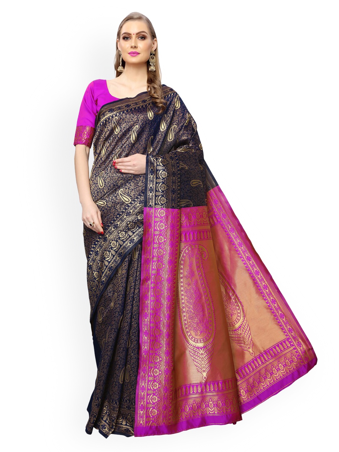 

KALINI Navy Blue & Pink Poly Silk Woven Design Banarasi Saree