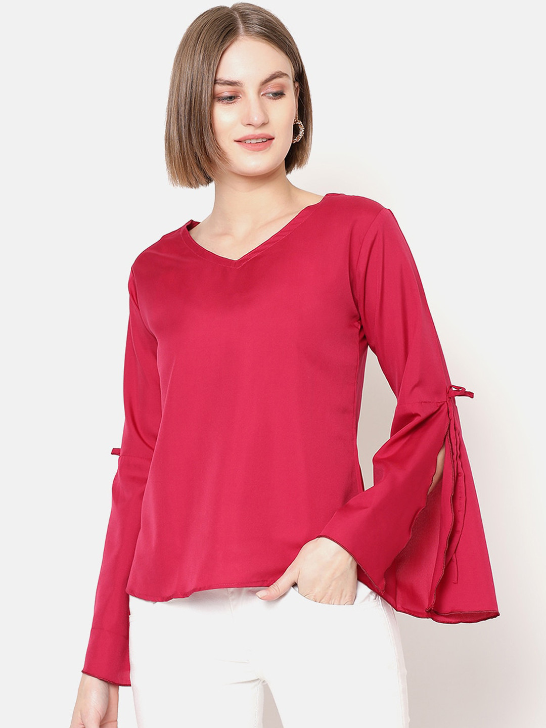 

V2 Value & Variety Red Bell Sleeves Crepe Regular Top