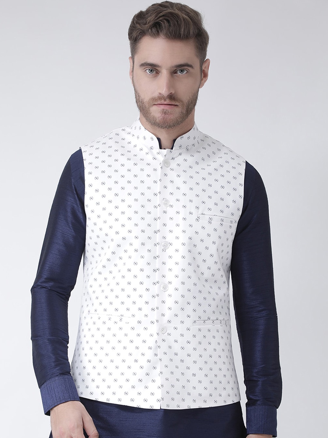

DEYANN Men White & Navy Blue Printed Woven Nehru Jacket