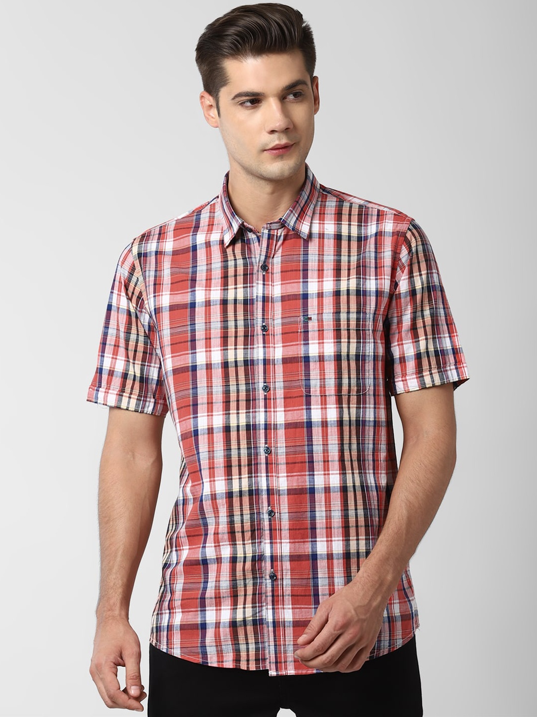 

Peter England Casuals Men Orange & White Slim Fit Checked Pure Cotton Casual Shirt