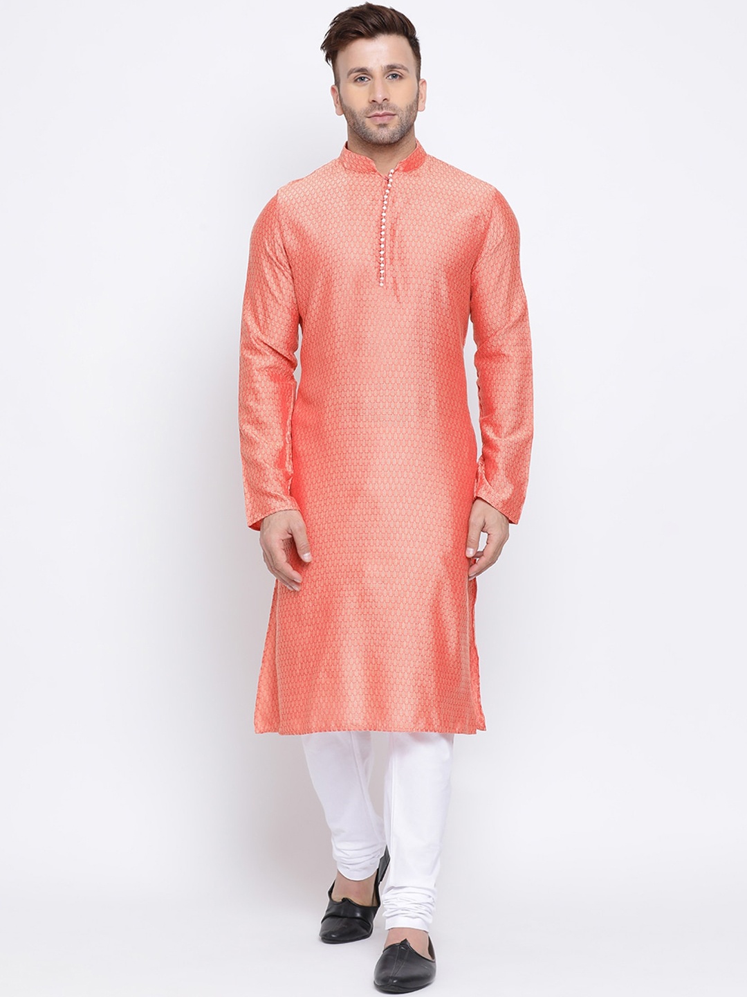 

NAMASKAR Men Orange Jacquard Self Design Kurta