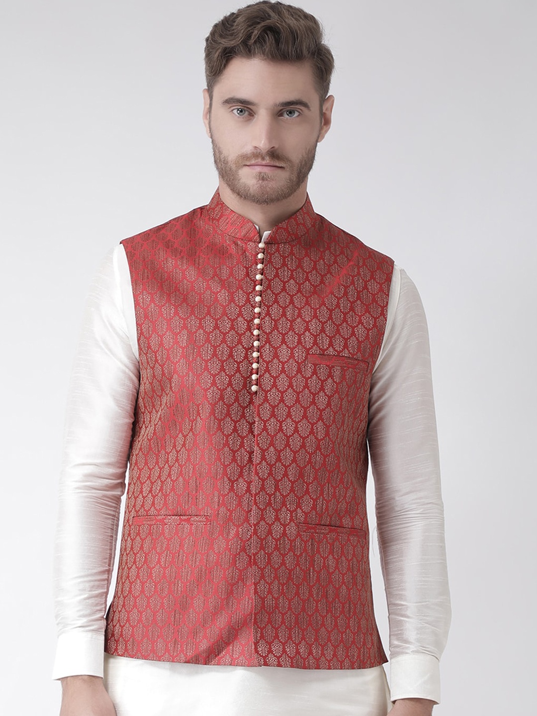 

DEYANN Men Maroon & Beige Woven-Design Jacquard Silk Nehru Jacket