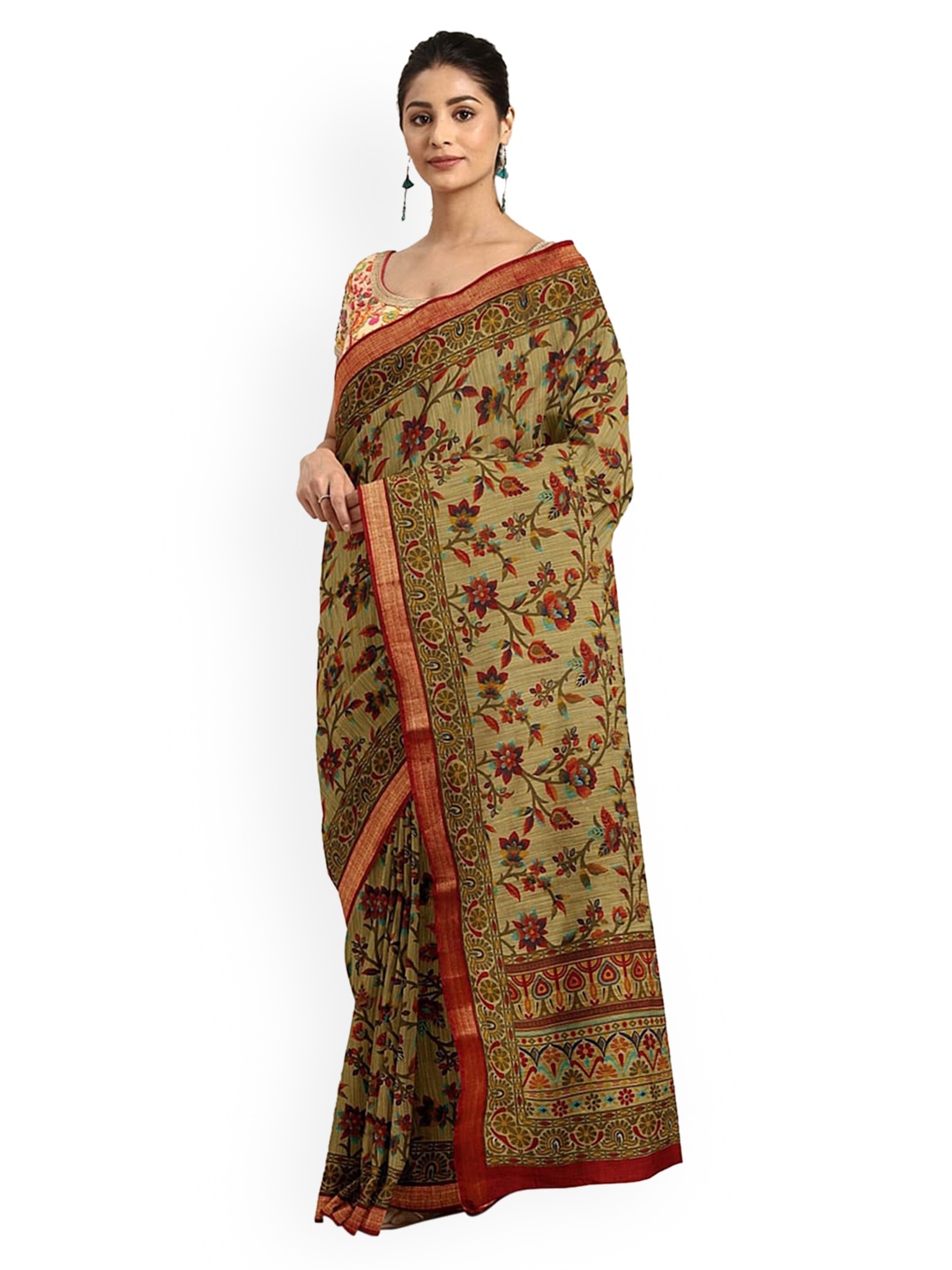 

KALINI Olive Green Printed Cotton Blend Saree