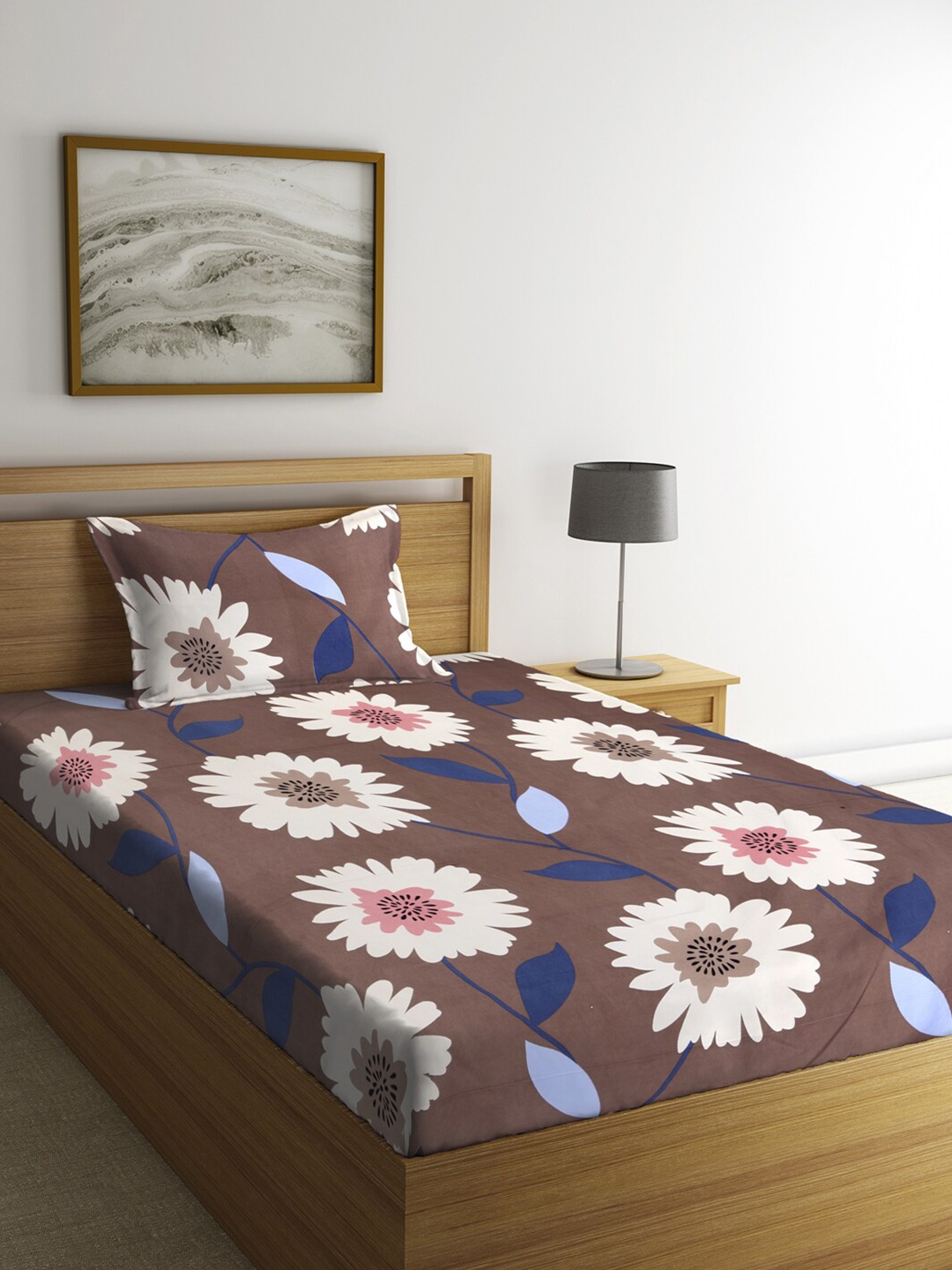 

KLOTTHE Brown & White Floral 210 TC Cotton 1 Single Bedsheet with 1 Pillow Covers
