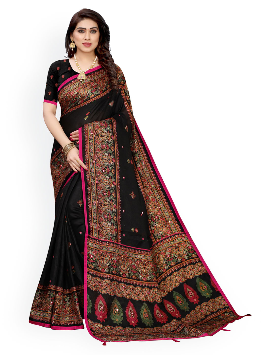 

KALINI Black & Maroon Jute Cotton Printed Saree