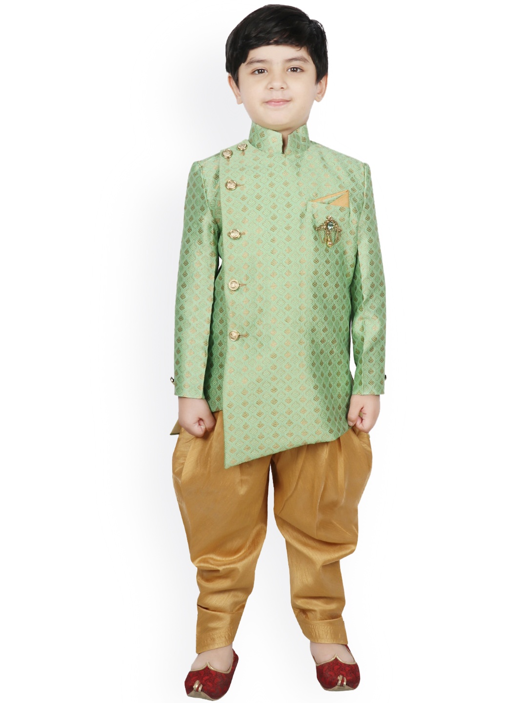 

SG YUVRAJ Boys Sea Green & Gold-Colored Woven-Design Silk Sherwani Set