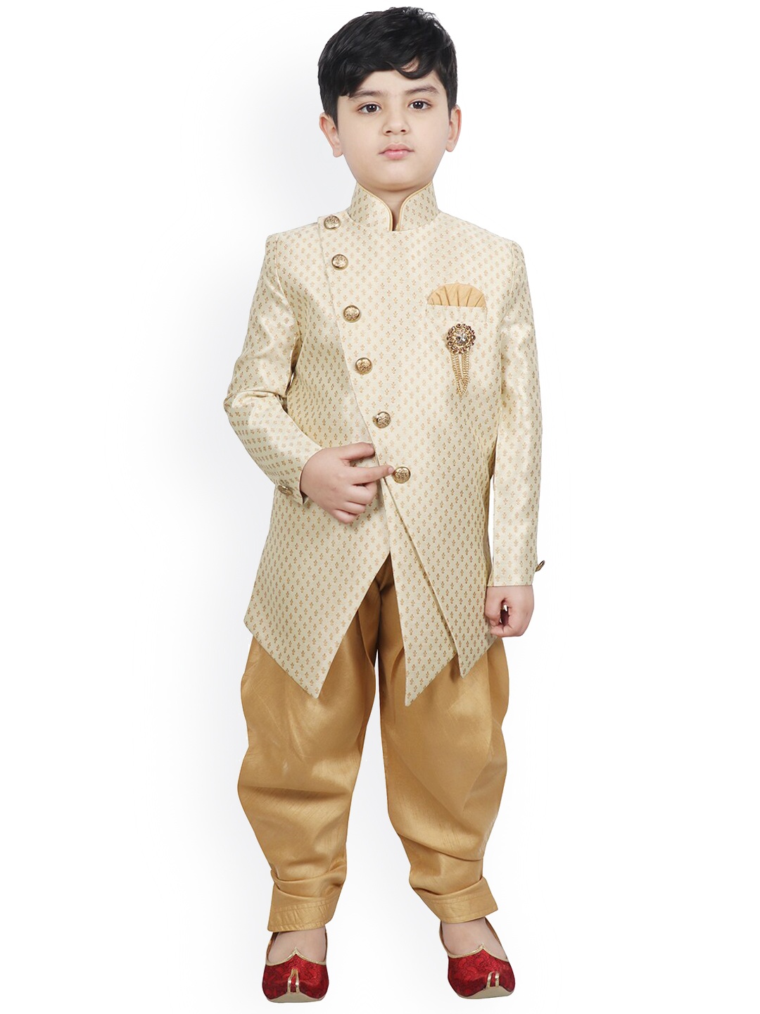 

SG YUVRAJ Boys Beige & Gold-Coloured Woven-Design Raw-Silk Sherwani Set