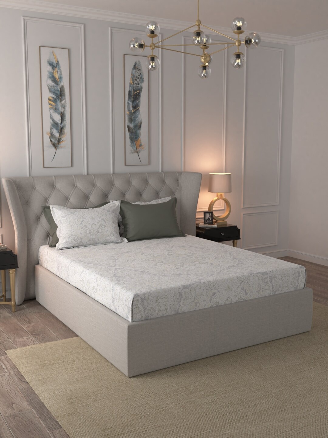 Trident White & Grey Ethnic Motifs 400 TC Cotton 1 King Bedsheet with 4 Pillow Covers