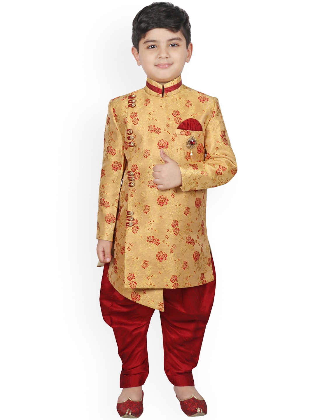 

SG YUVRAJ Boys Yellow & Red Woven-Design Silk Sherwani Set