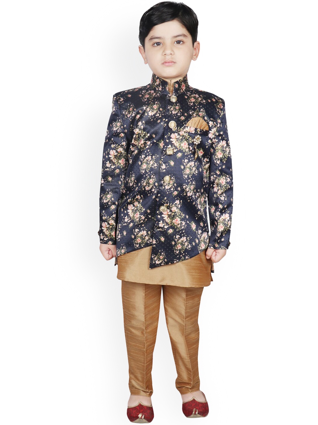 

SG YUVRAJ Boys Navy Blue & Beige Printed Raw-Silk Sherwani Set