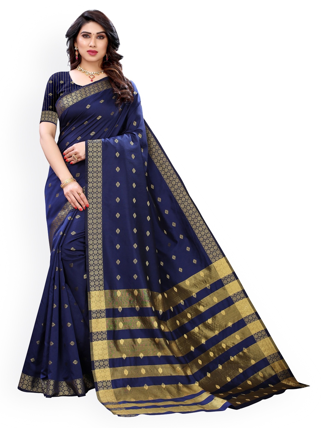 

KALINI Navy Blue & Gold-Toned Poly Silk Woven Design Banarasi Saree