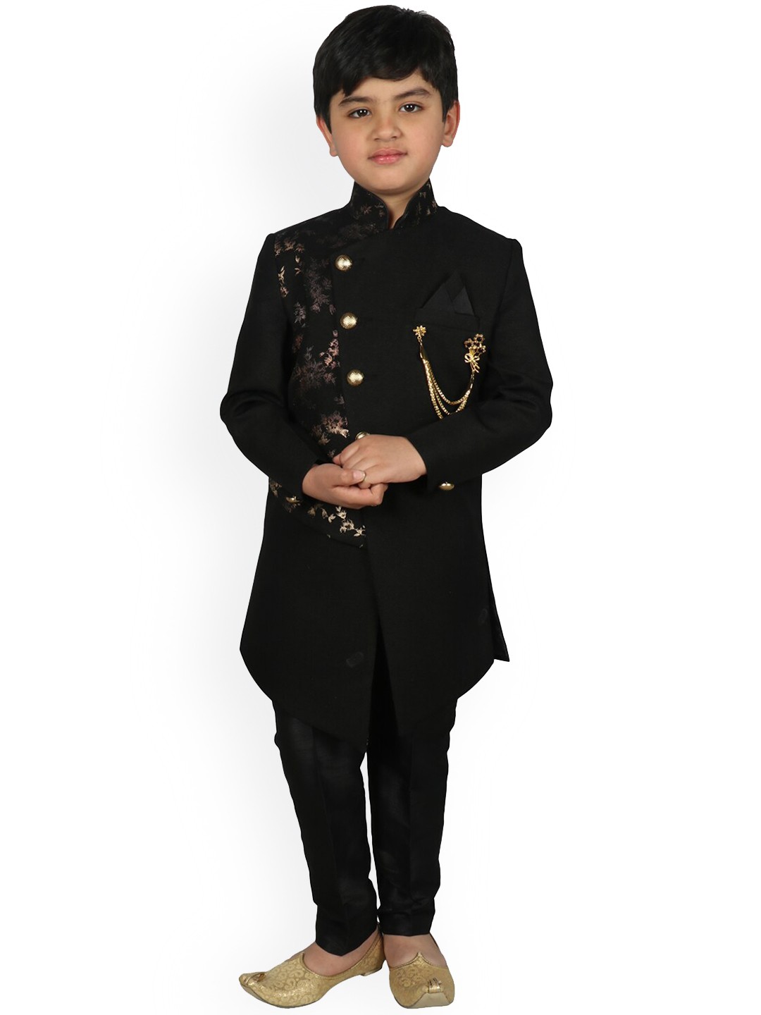 

SG YUVRAJ Boys Black & Gold-Coloured Printed Sherwani Set