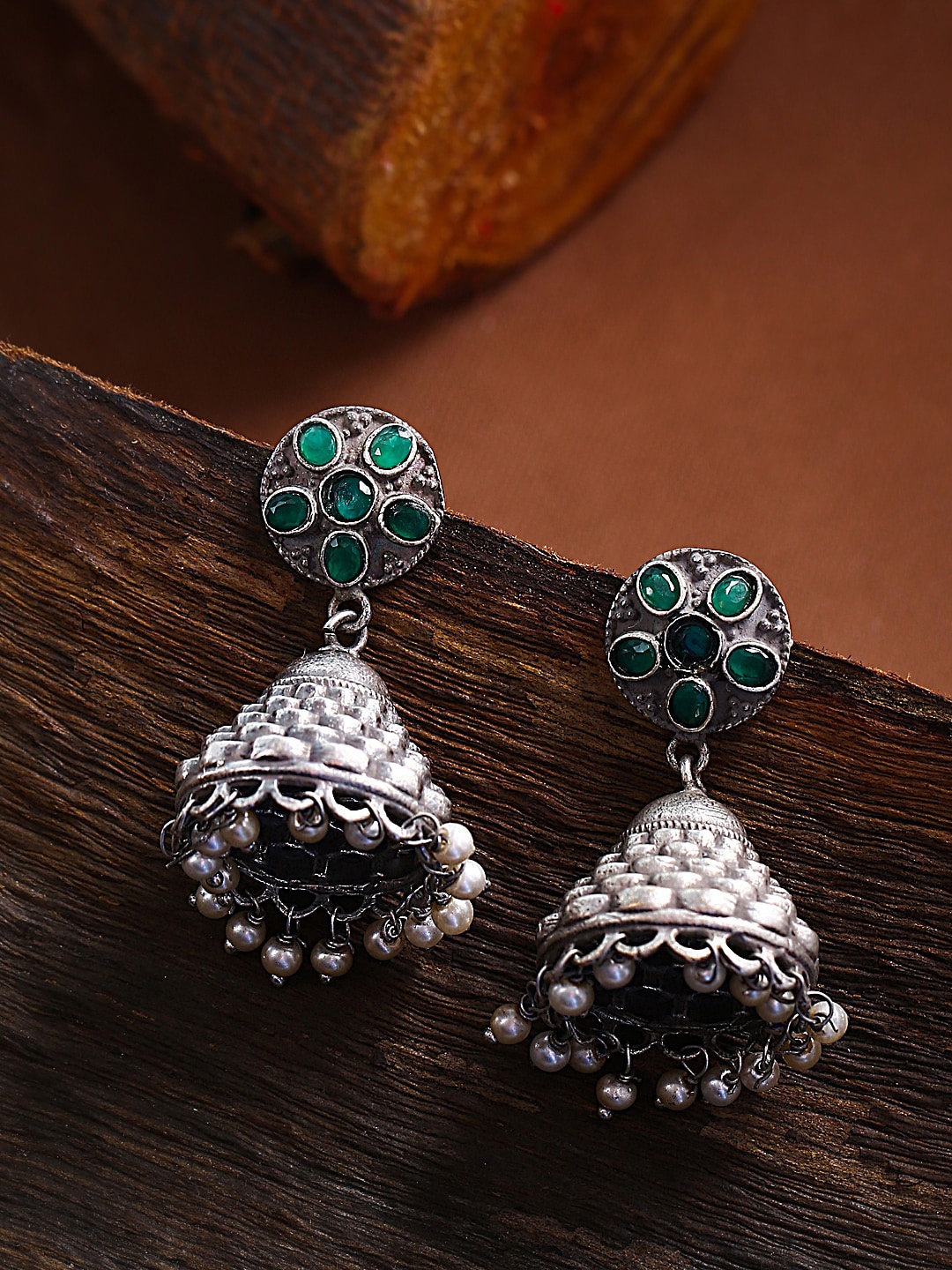 

THE AAB STUDIO Oxidized Silver-Plated & Green Studded Dome Shaped Jhumkas