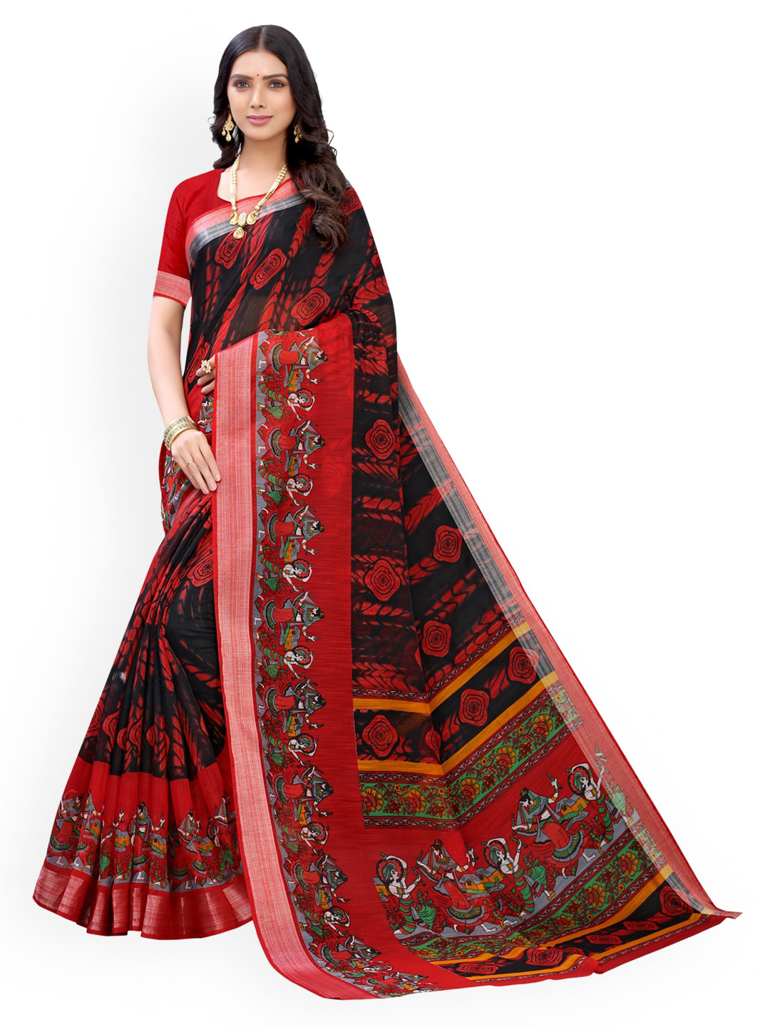 

KALINI Red & Blue Polycotton Printed Saree