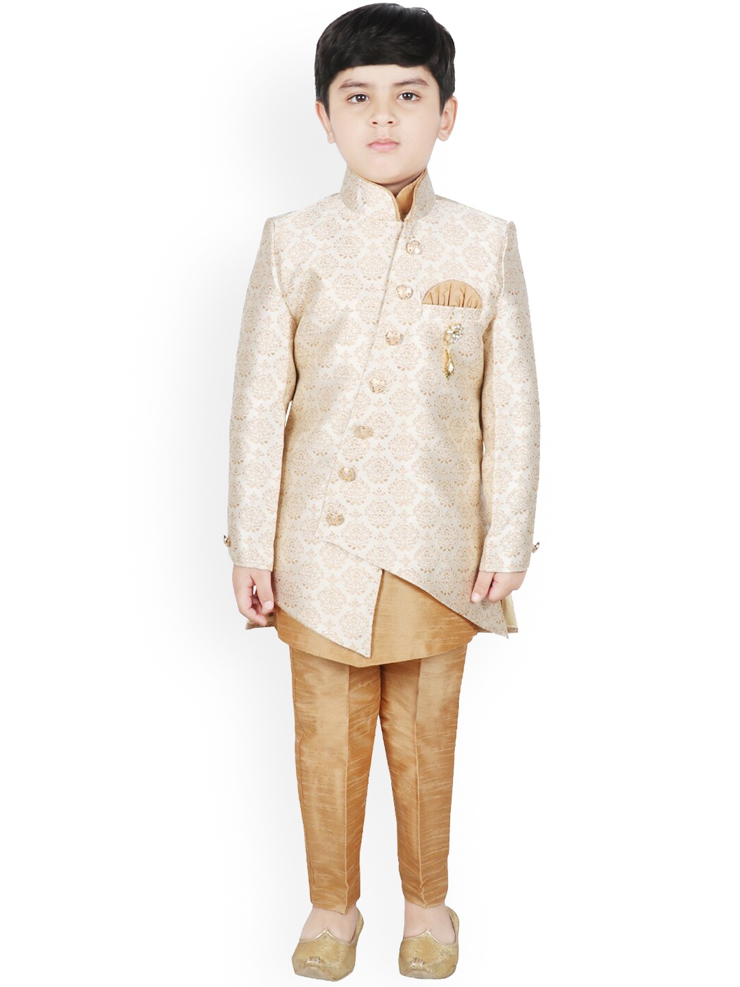 

SG YUVRAJ Boys Cream-Coloured & Beige Woven-Design Raw-Silk Sherwani Set