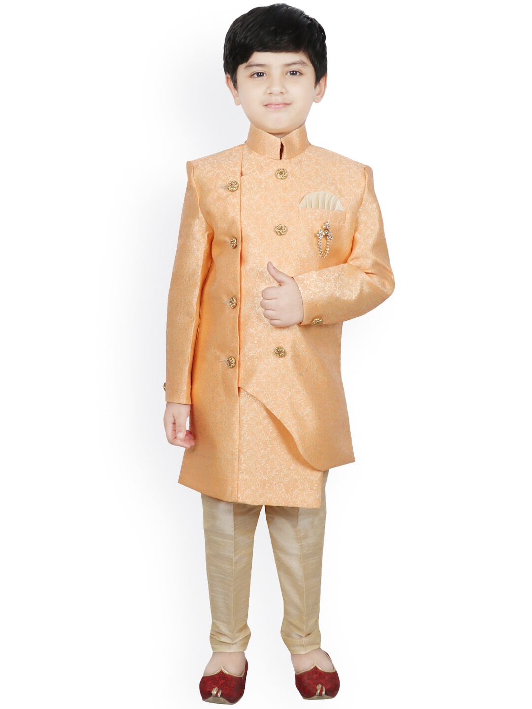 

SG YUVRAJ Boys Orange & Beige Brocade Indo Silk Sherwani Set