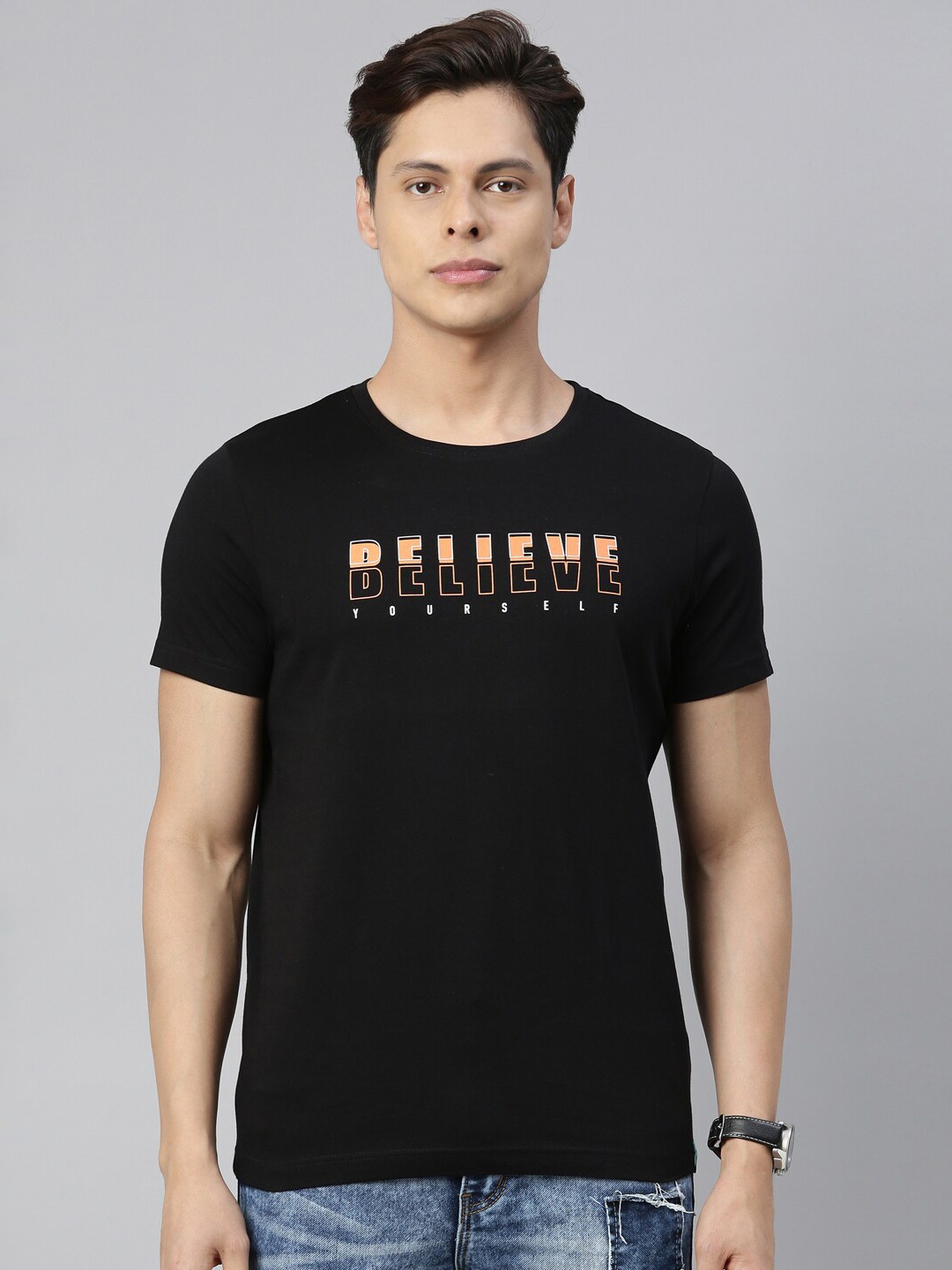 3PIN Men Black Printed Round Neck Pure Cotton T-shirt