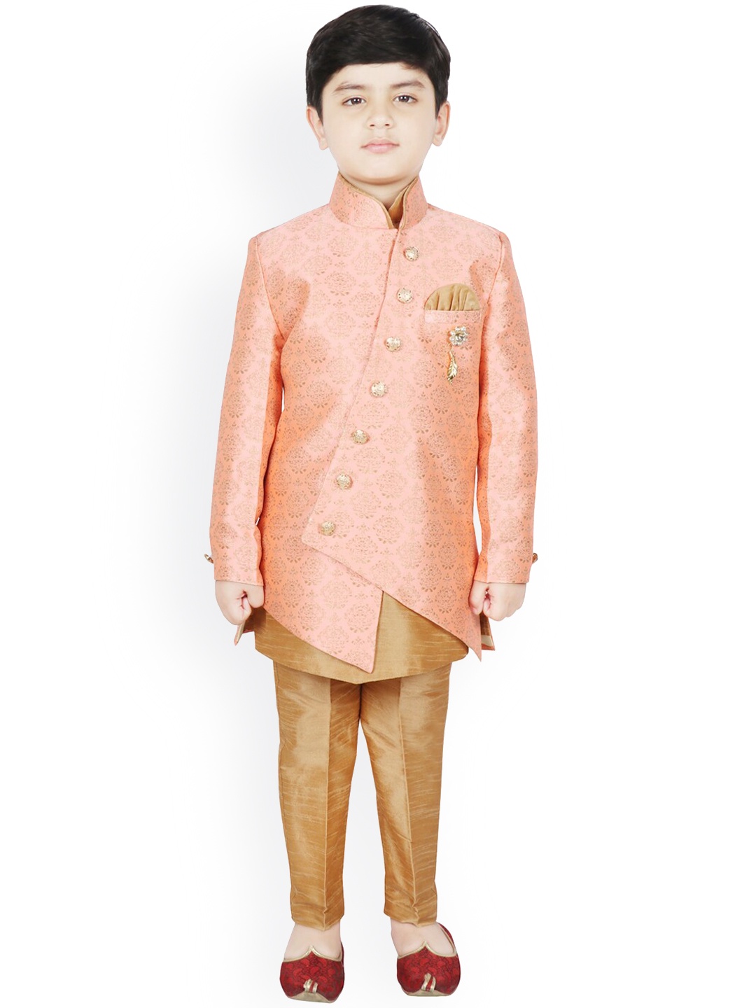 

SG YUVRAJ Boys Peach Coloured & Gold Coloured Woven-Design Sherwani Set
