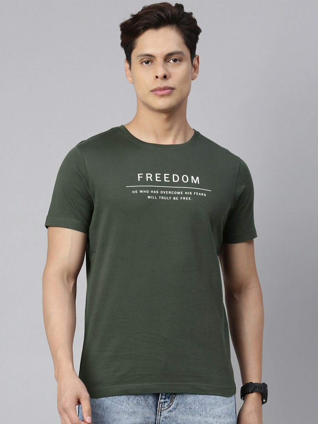 

3PIN Men Green Printed Round Neck Pure Cotton T-shirt