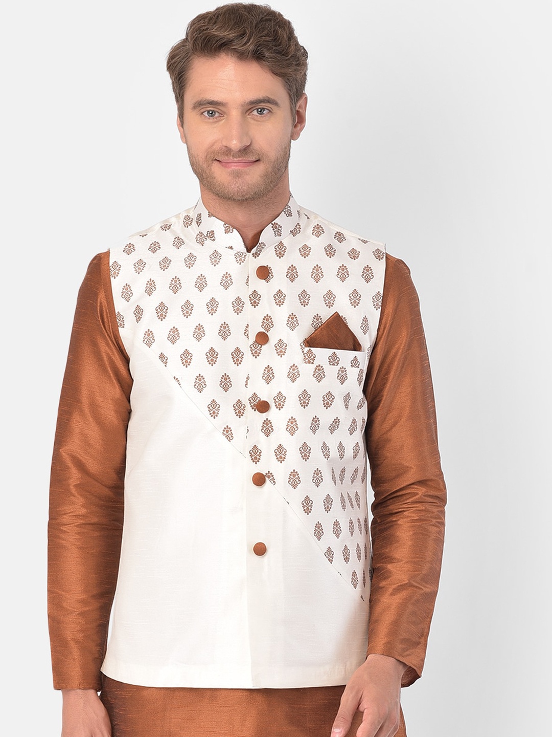 

DEYANN Men Off White & Brown Printed Woven Jacquard Silk Nehru Jacket